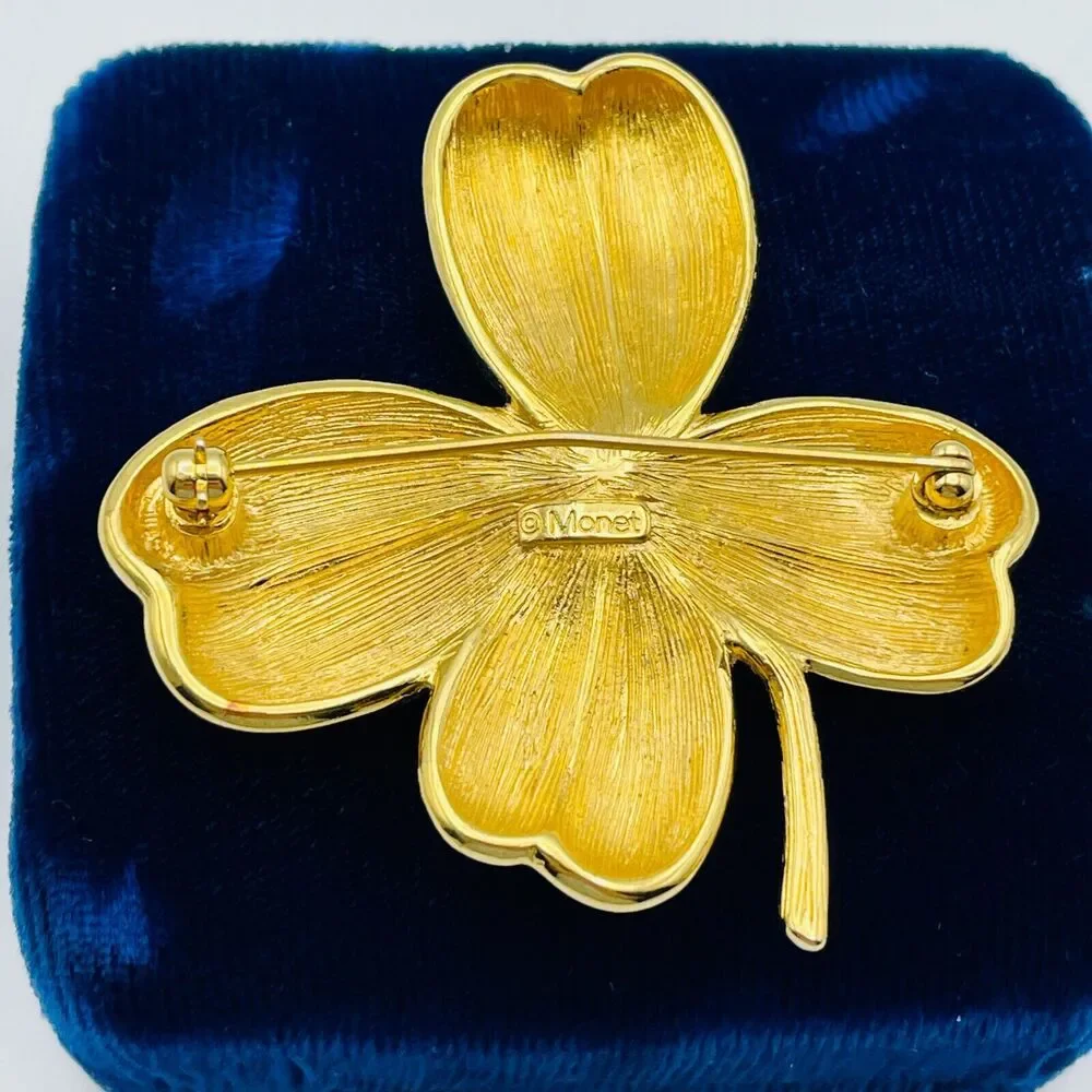 Classic Monet Gold Tone Lucky Four Leaf Clover Shamrock Brooch 2 in Pin Vintage